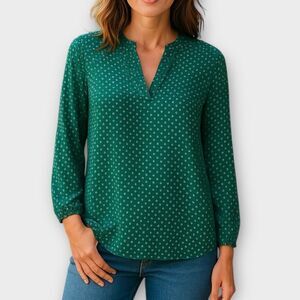 Adrianna Papell Green Split-Neck Polka Dot Blouse